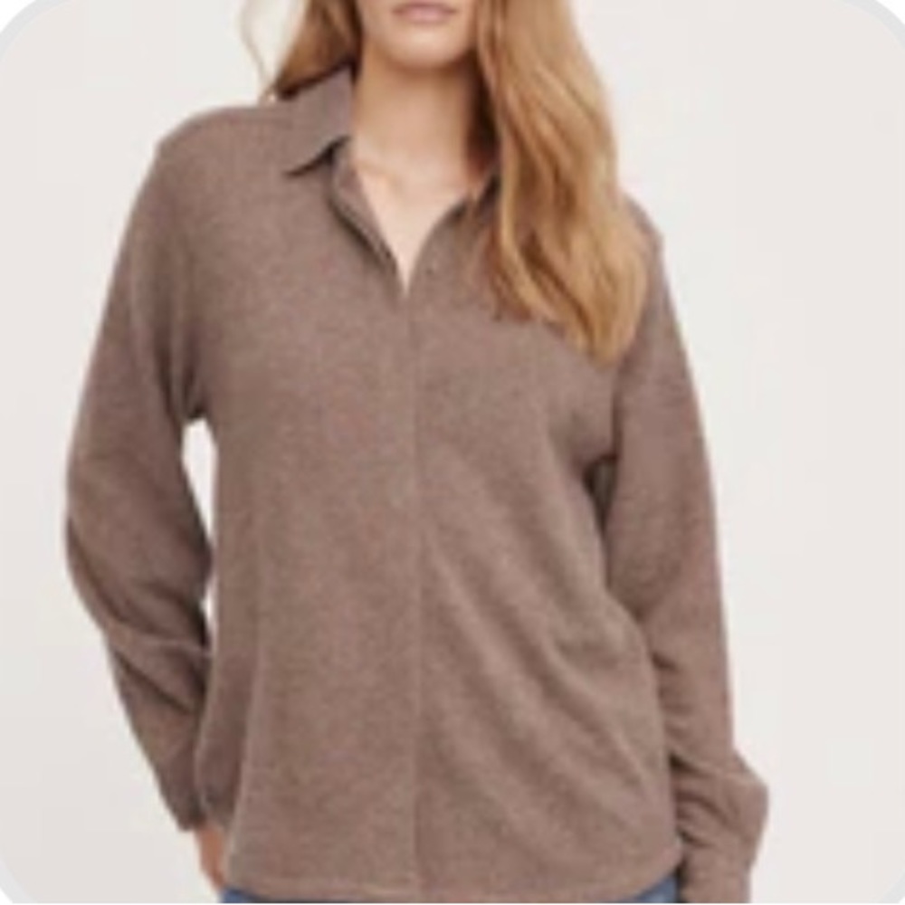 NakedCashmere Grey/Beige Button Down Shirt Style 100% Cashmere Sweater, M NWT!
